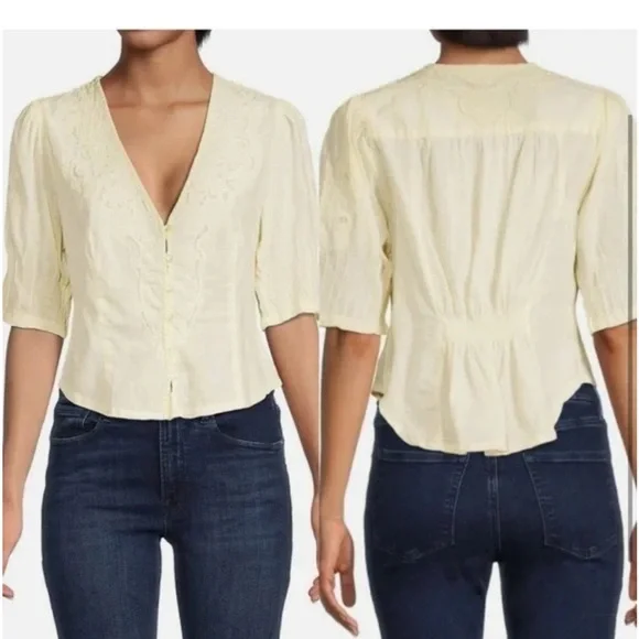 Free People Laurie Embroidered Blouse BEIGE SIZE SMALL - Picture 2 of 5